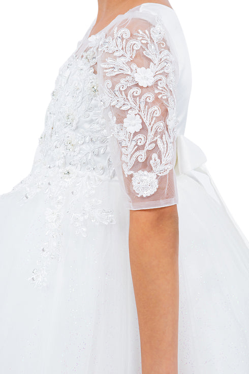 Girls Off White Illusion Neckline Beaded Floral Embroidery Hi Low Flower Girl Dress 2-16